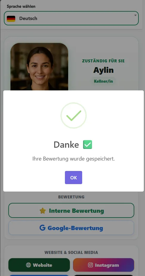 Erfolgreich gespeicherte Bewertung