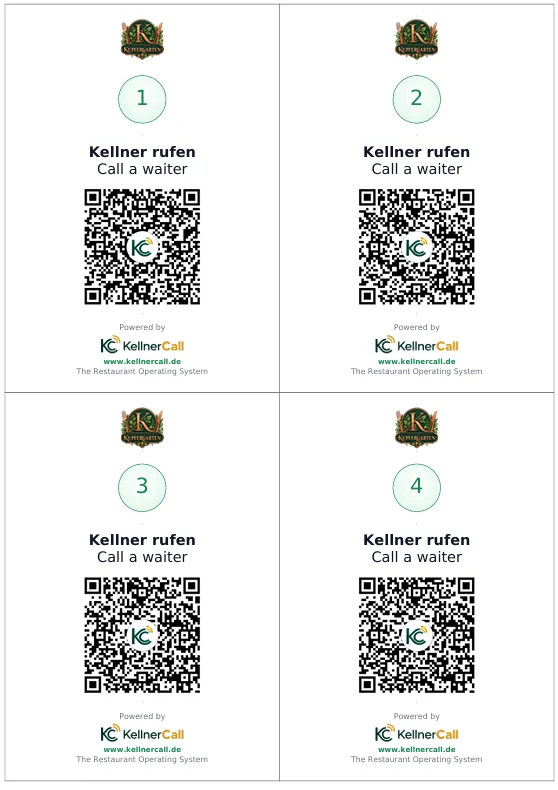 Vier QR-Aufsteller auf einer A4 Druckseite mit Restaurantlogo, Tischnummer und KellnerCall Branding