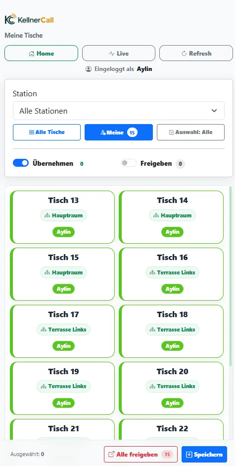 Mobile Ansicht Meine Tische mit Station, eigenen Tischen, Übernehmen und Freigeben