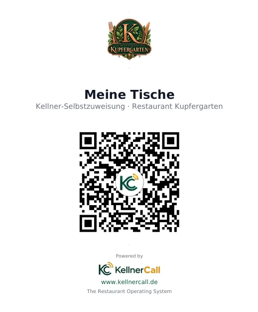 Meine Tische QR-Aufsteller mit Kupfergarten Logo und KellnerCall QR-Code