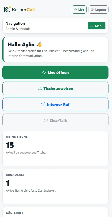 Mobile Mitarbeiter-Startseite mit Live, Tische zuweisen und interner Navigation