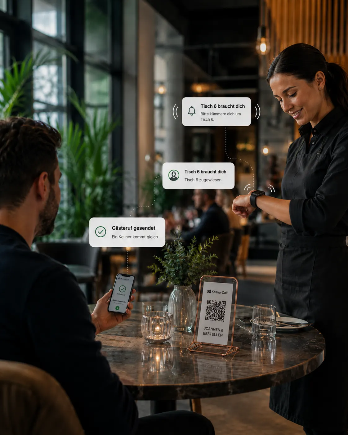 Moderner Gastro-Service: Gast nutzt die digitale Gastseite, während eine Servicekraft einen neuen Ruf auf der Smartwatch erhält