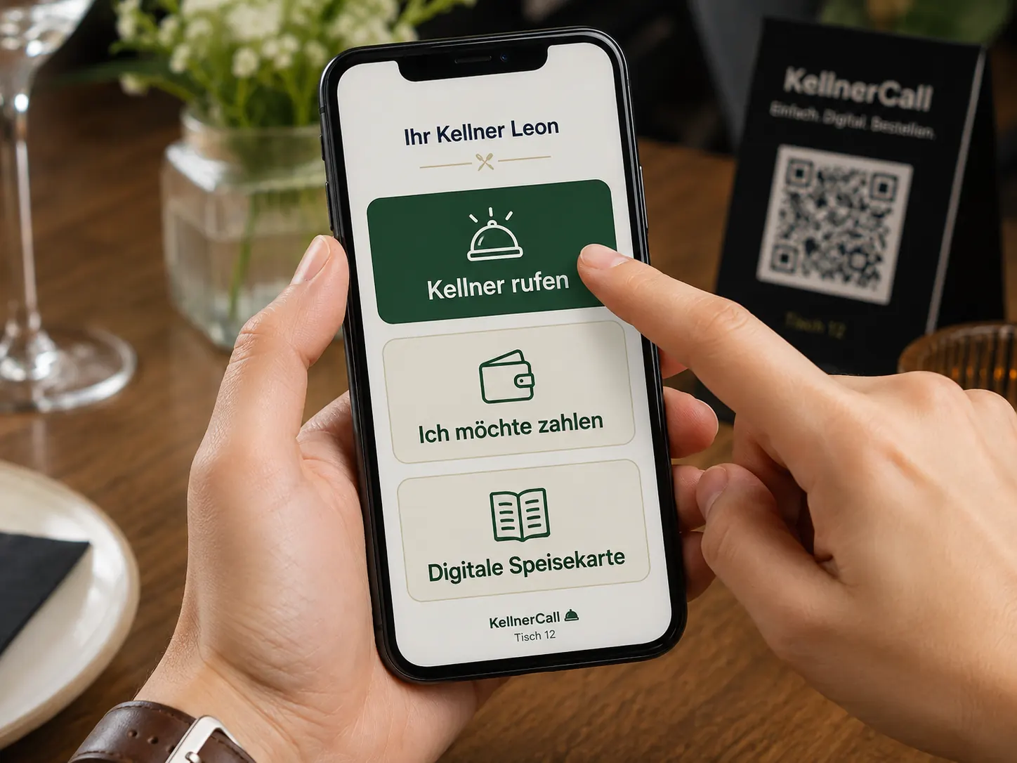 Gast wählt auf der KellnerCall Gastseite Kellner rufen, ich möchte zahlen oder digitale Speisekarte