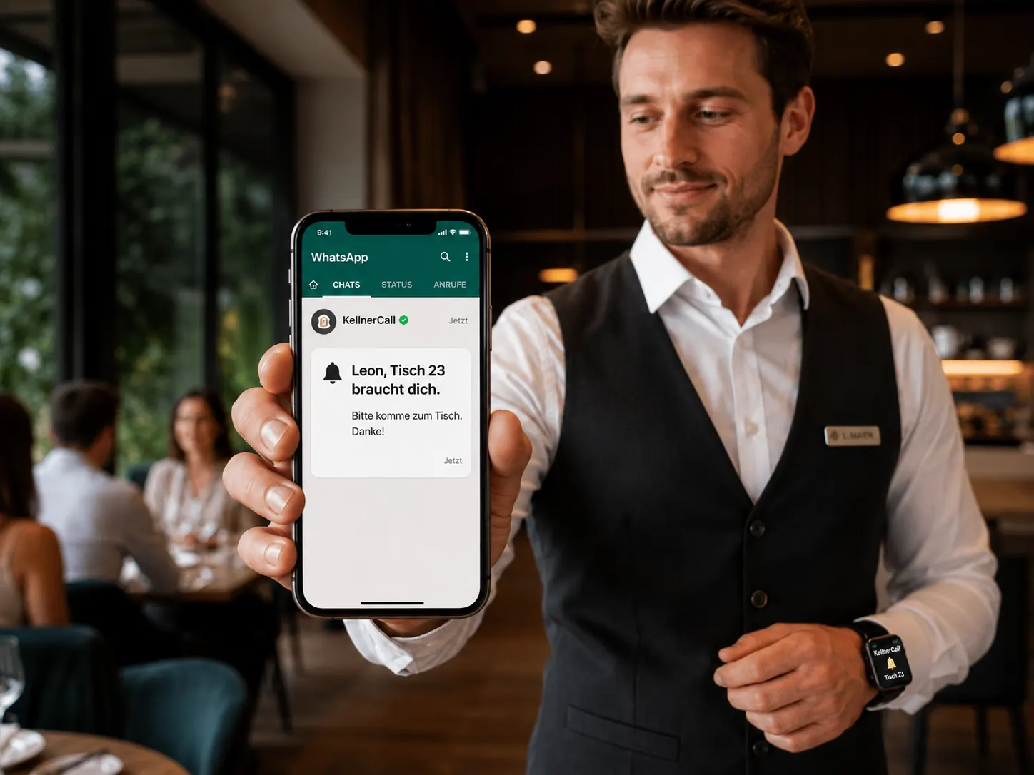 Zuständiger Kellner erhält eine Benachrichtigung auf Smartphone und Smartwatch